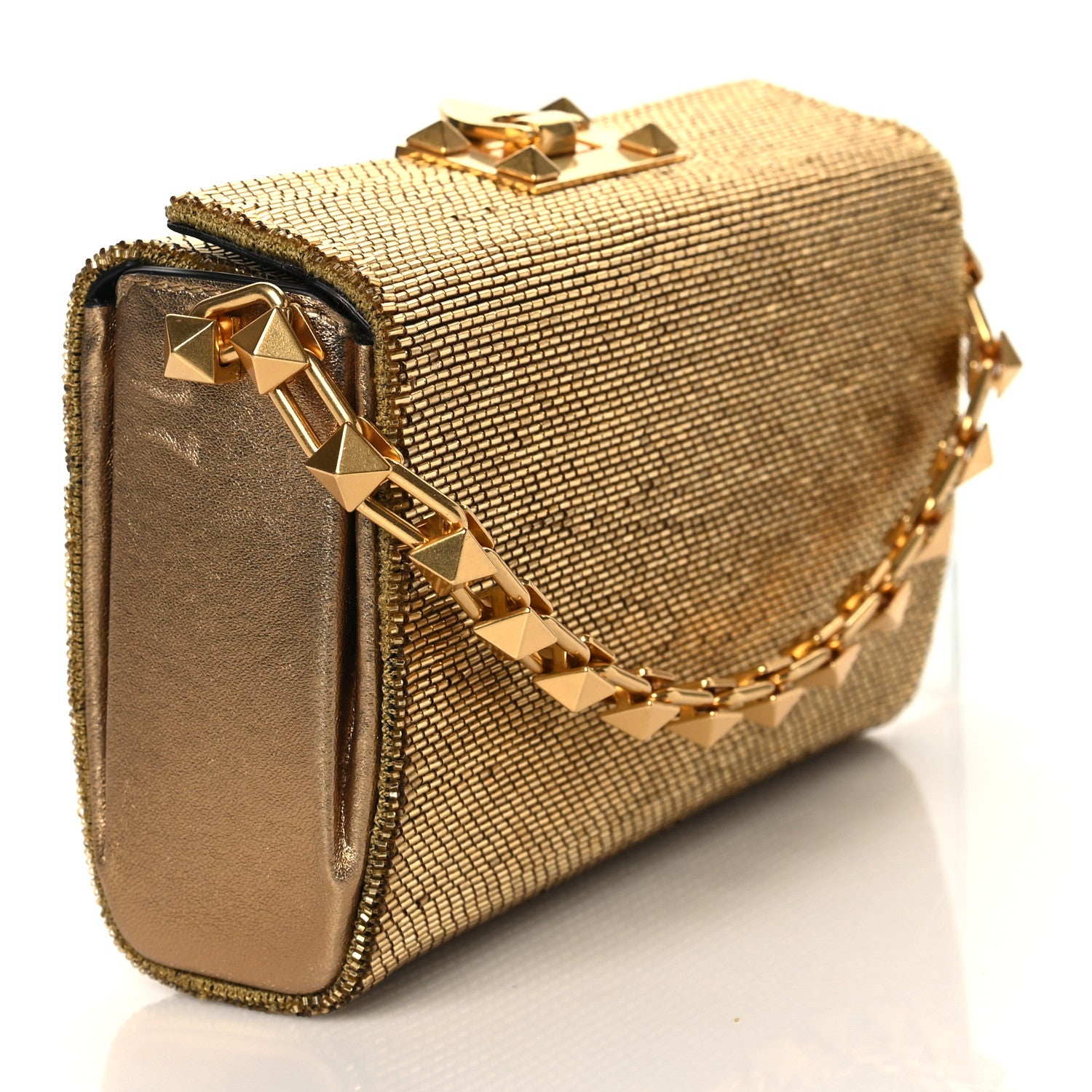 Valentino Garavani Metallic Calfskin Beaded Rockstud Evening Clutch Antique Bronze 3 of 9
