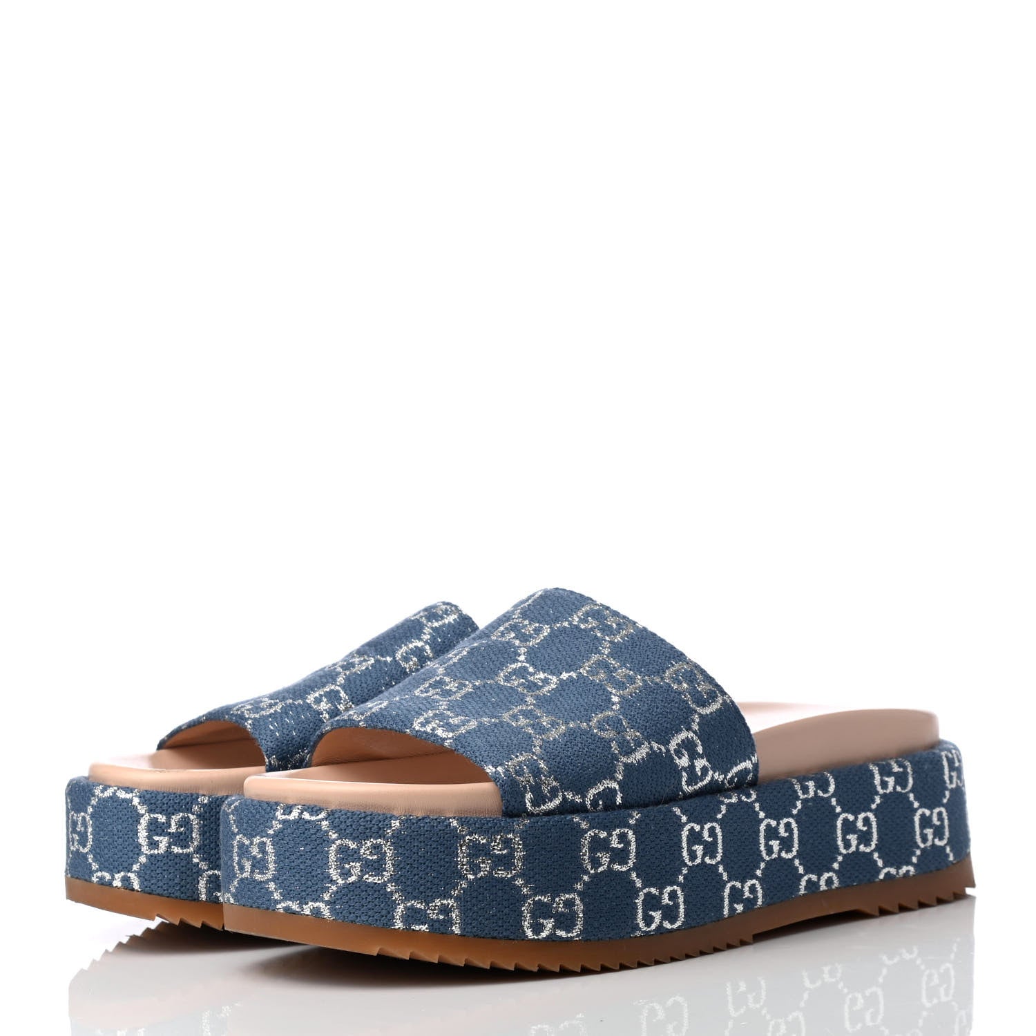 Gucci Canvas Lame GG Monogram Angelina Platform 55mm Slide Sandals 38 Blue Silver 3 of 10