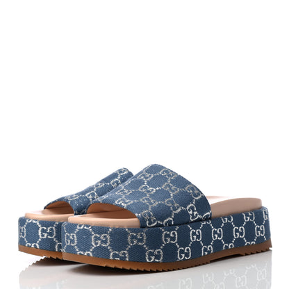 Gucci Canvas Lame GG Monogram Angelina Platform 55mm Slide Sandals 38 Blue Silver 3 of 10