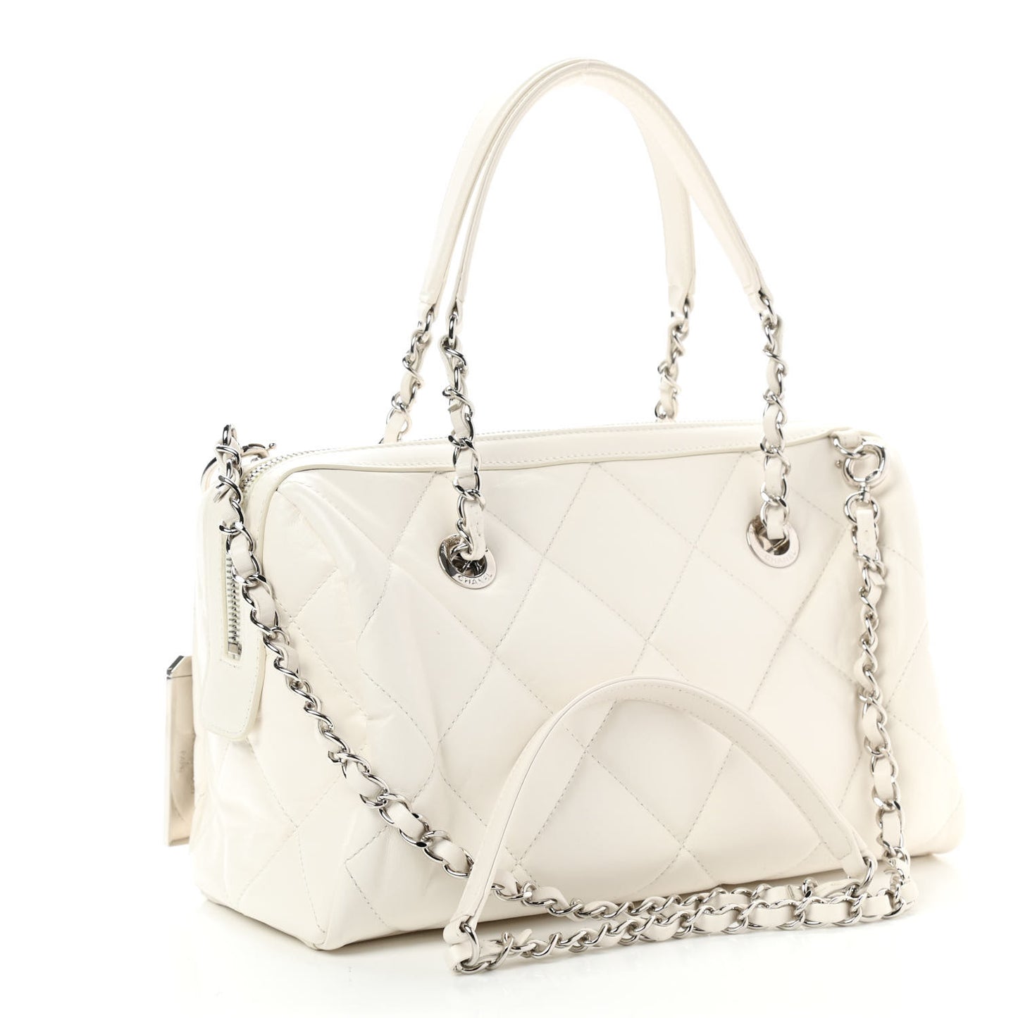 Calfskin Quilted Small CC Bowling Bag White