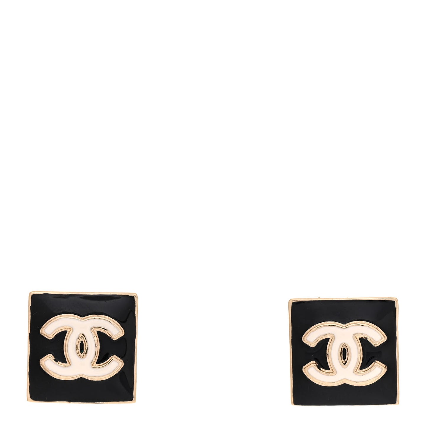 Metal Enamel CC Square Earrings Gold Black White