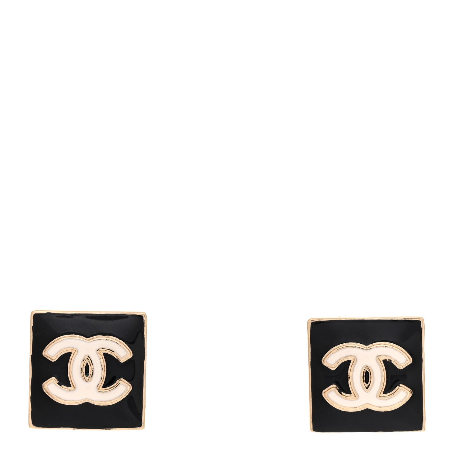 Chanel Metal Enamel CC Square Earrings Gold Black White 1 of 5