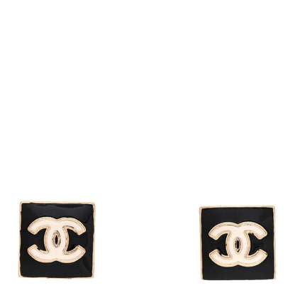 Chanel Metal Enamel CC Square Earrings Gold Black White 1 of 5