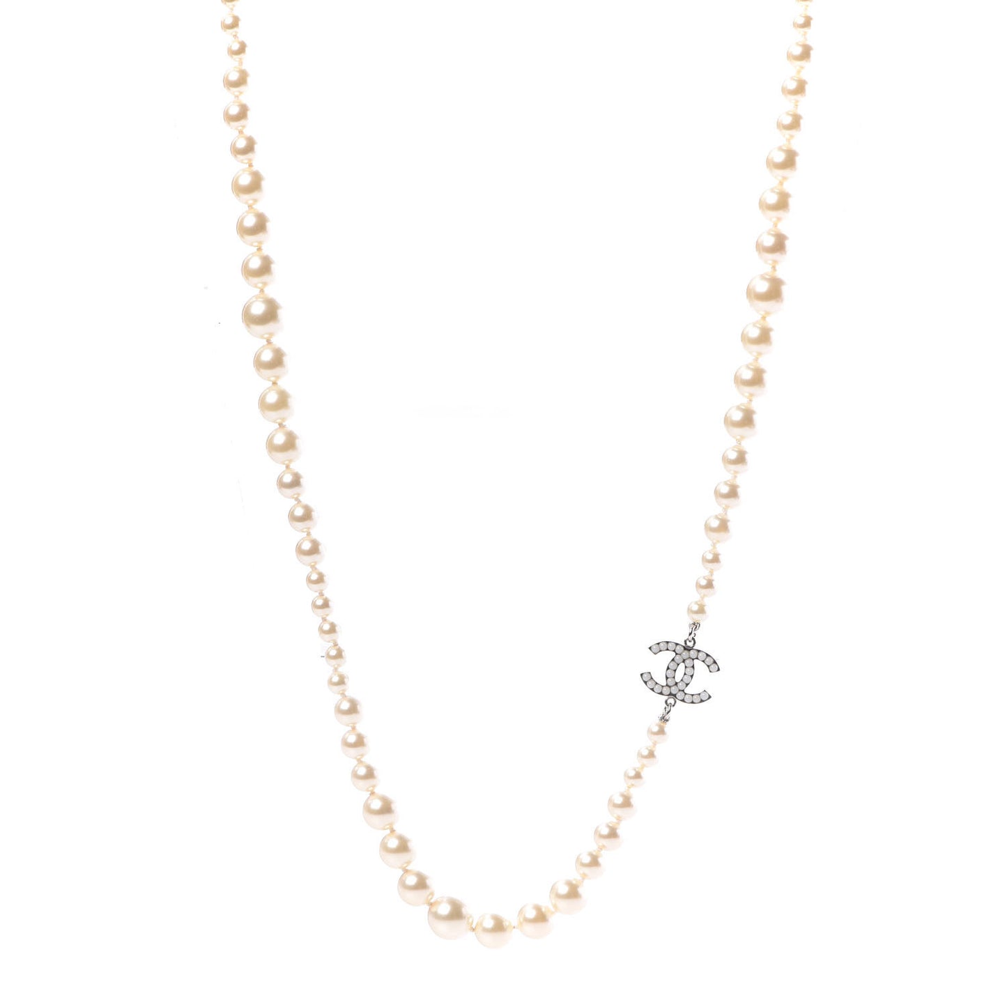 Graduated Pearl CC Long Necklace Silver
