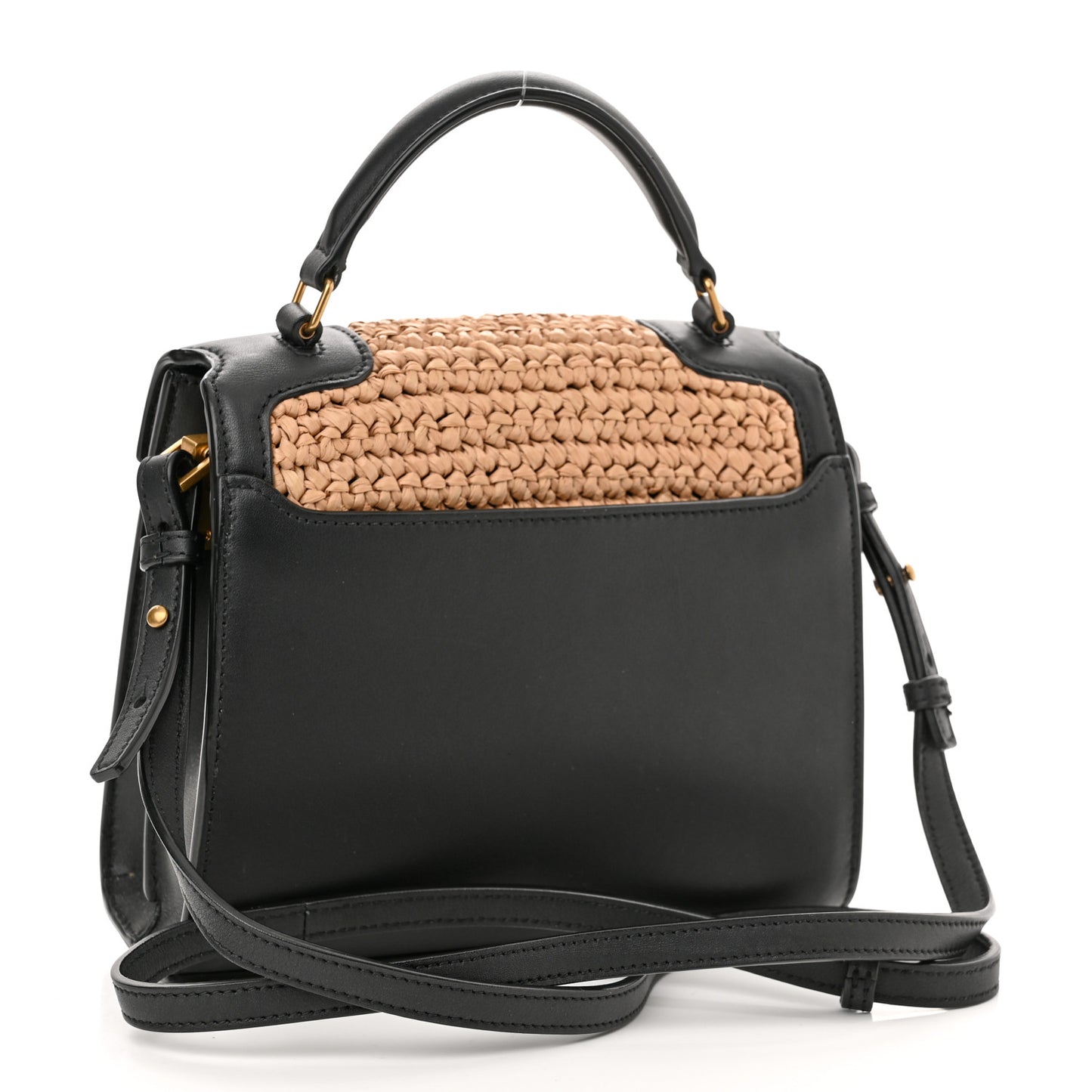 Raffia Calfskin Mini Classic Monogram Cassandra Top Handle Black Natural