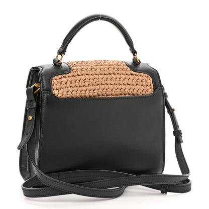 Saint Laurent Raffia Calfskin Mini Classic Monogram Cassandra Top Handle Black Natural 3 of 11