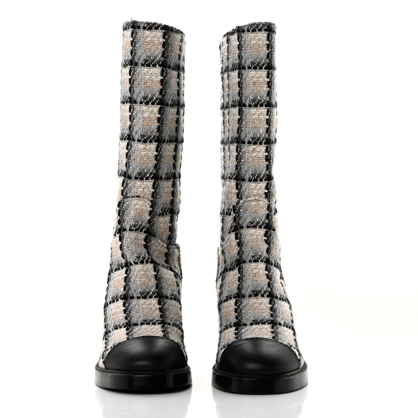 Wool Tweed Calfskin Cap Toe High Boots 39 Black Ivory Beige Grey