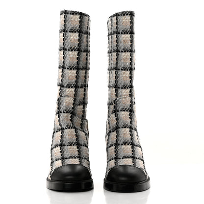 Chanel Wool Tweed Calfskin Cap Toe High Boots 39 Black Ivory Beige Grey 2 of 7