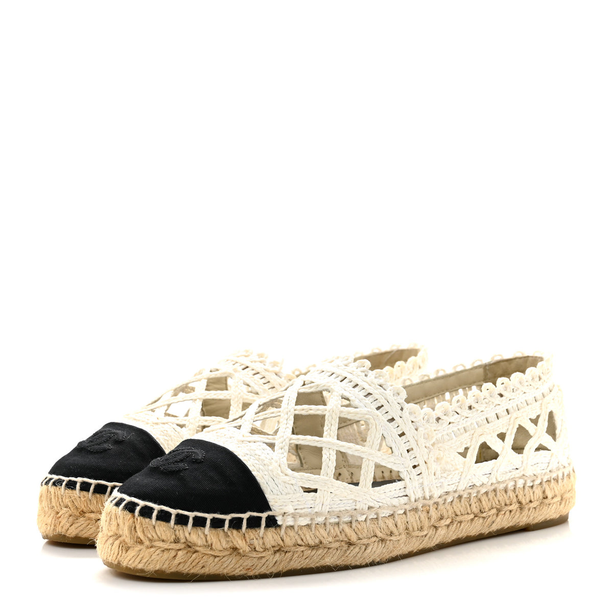 Woven Fabric Grosgrain CC Espadrilles 38 White Black