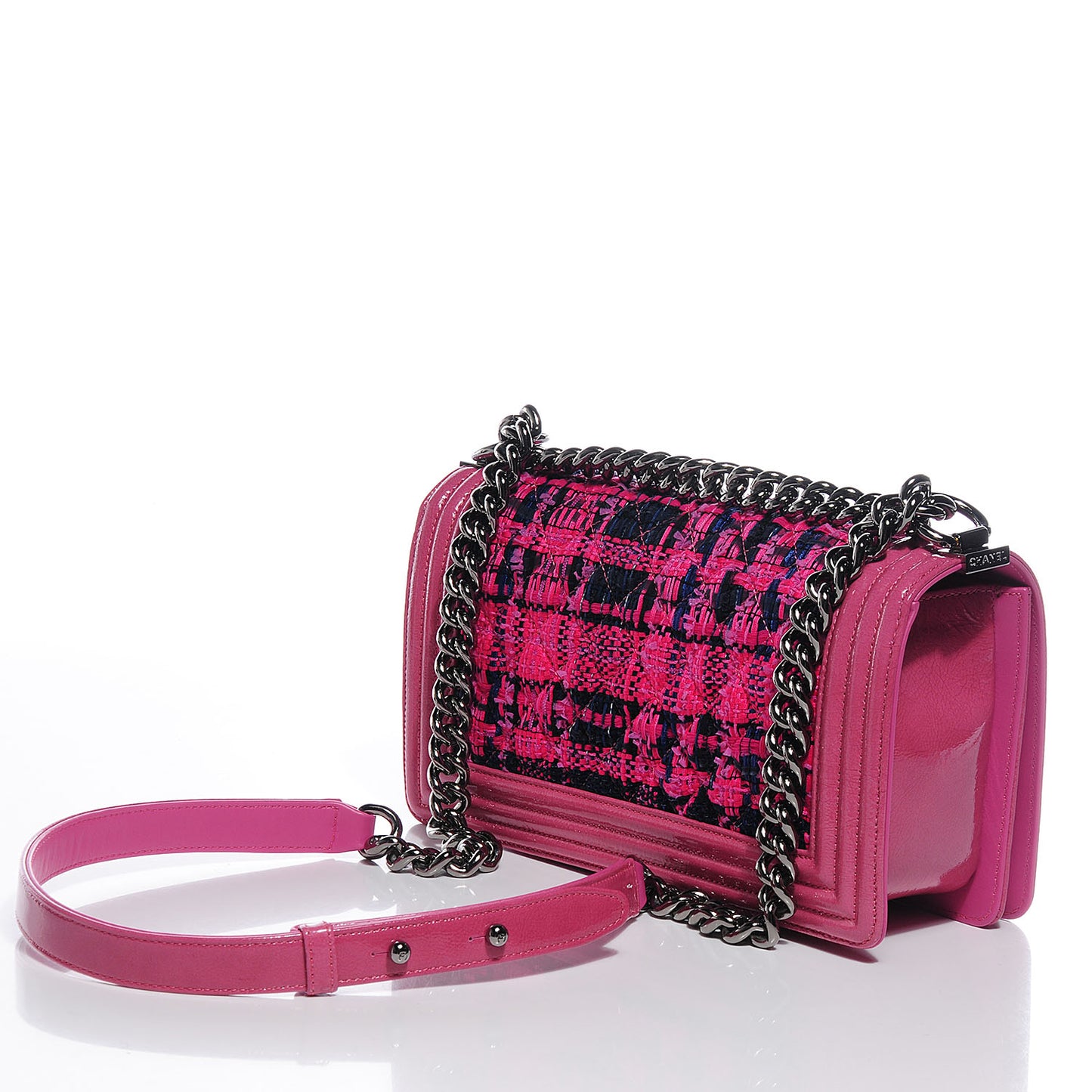 Patent Tweed Medium Boy Flap Fuchsia