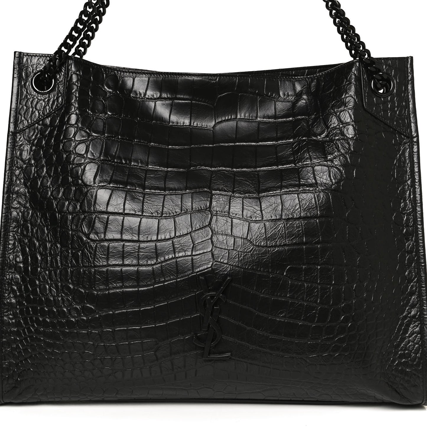 Calfskin Crocodile Embossed Monogram Large Niki Shopping Bag Black