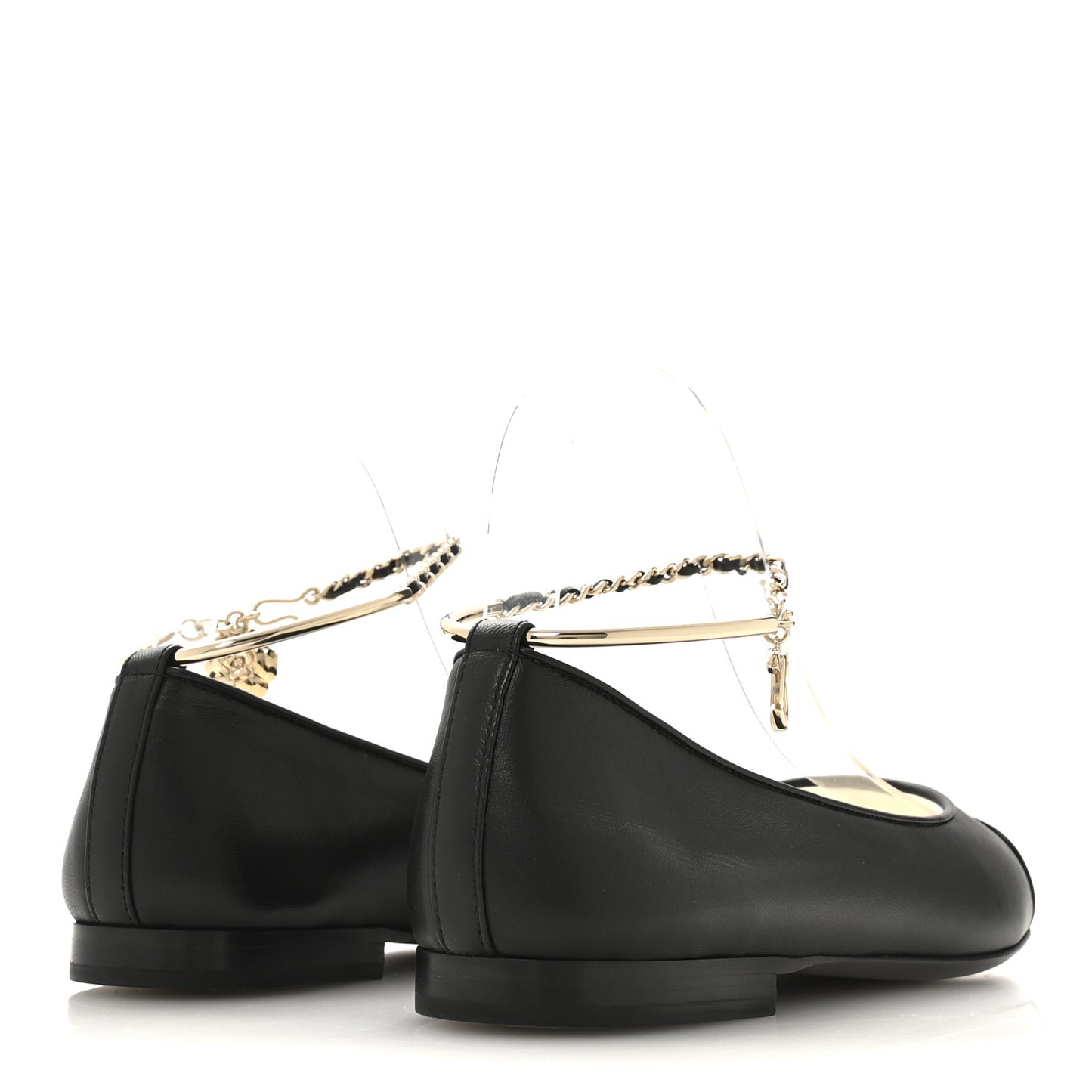 Lambskin Patent Calfskin Cap Toe Ankle Chain Ballerina Flats 36.5 Black