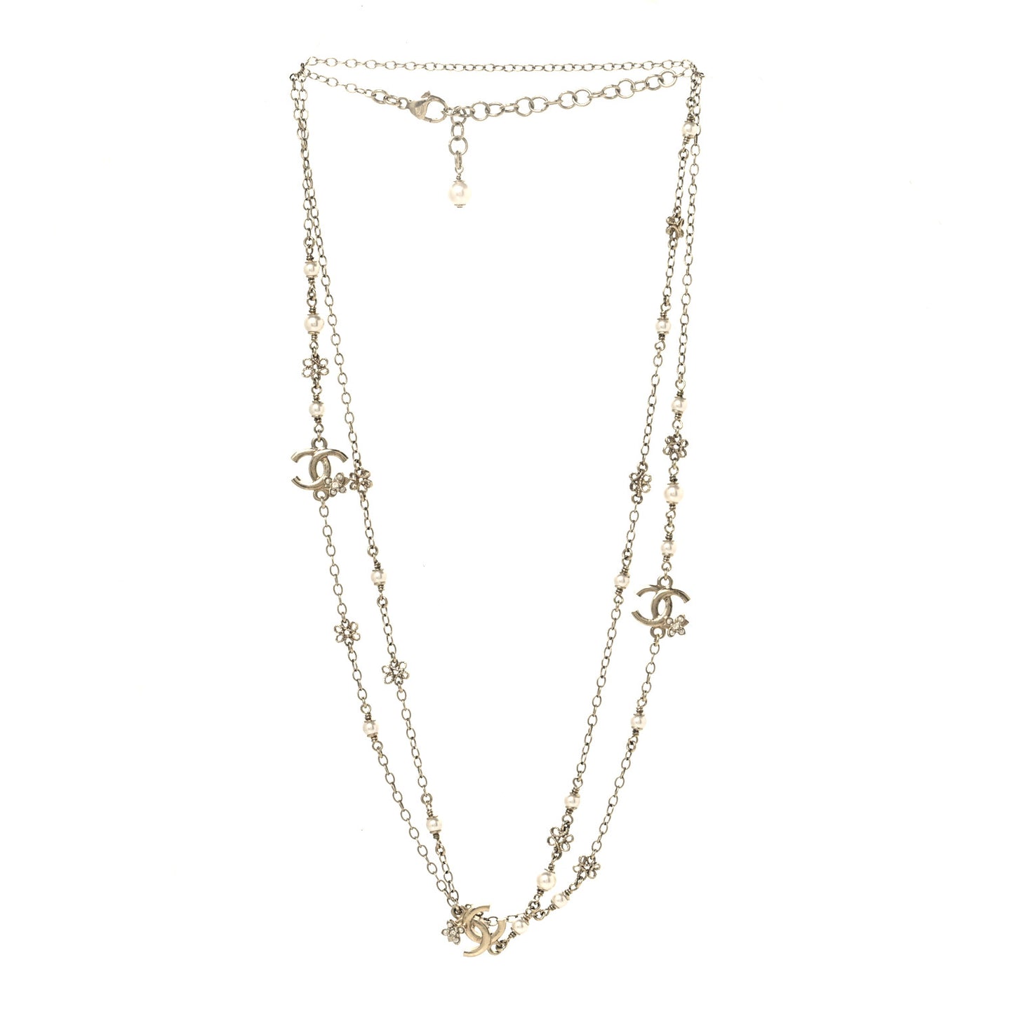 Crystal Pearl CC Flower Charms Long Necklace Light Gold