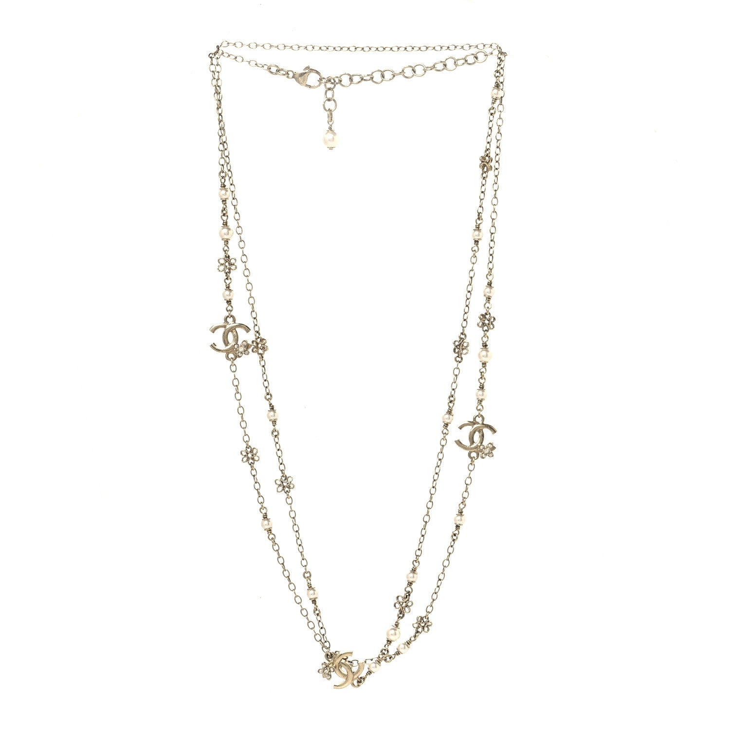 Chanel Crystal Pearl CC Flower Charms Long Necklace Light Gold 3 of 4