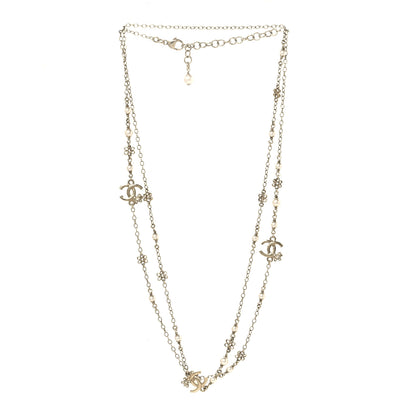 Chanel Crystal Pearl CC Flower Charms Long Necklace Light Gold 3 of 4