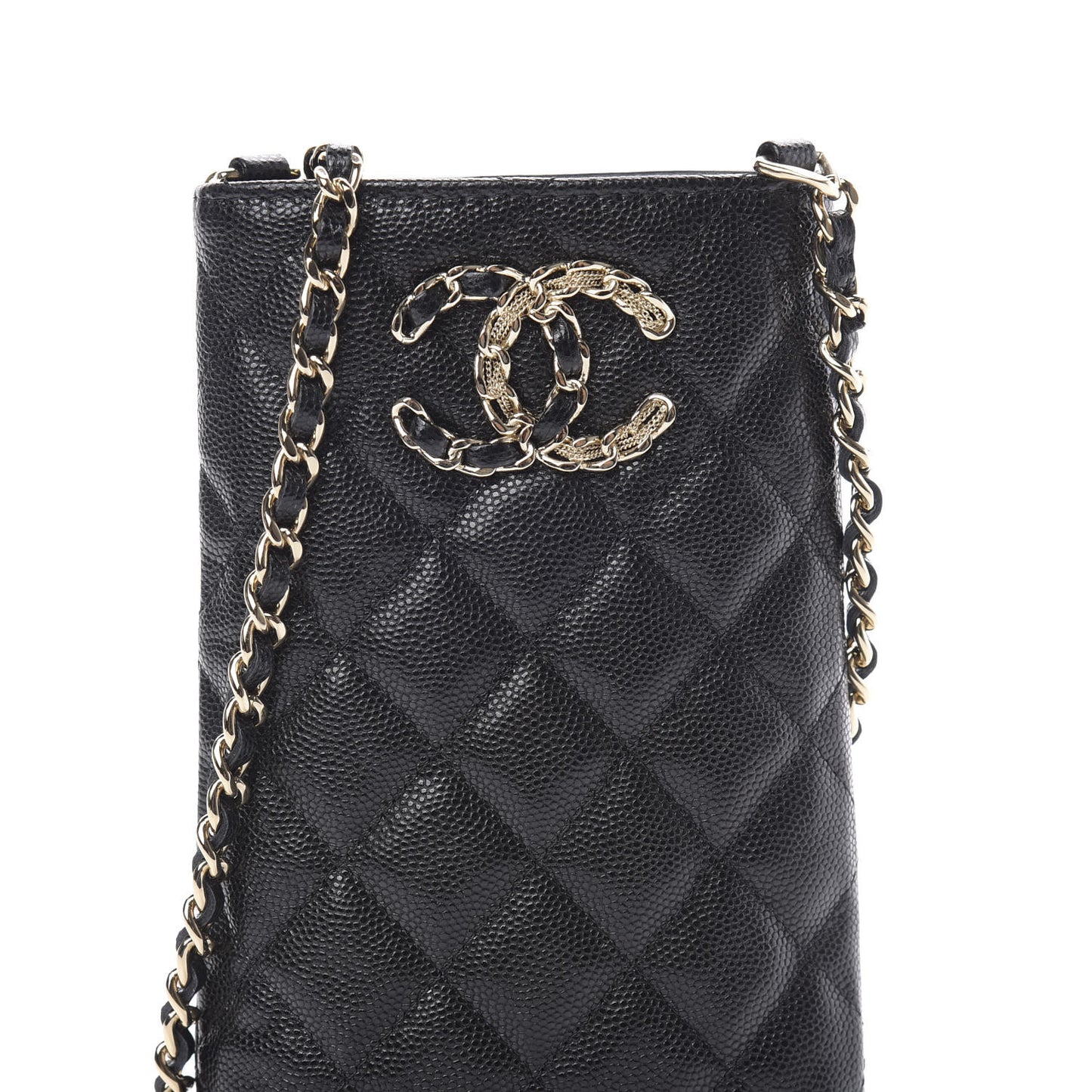 Caviar Quilted French New Wave Phone Holder With Chain Black