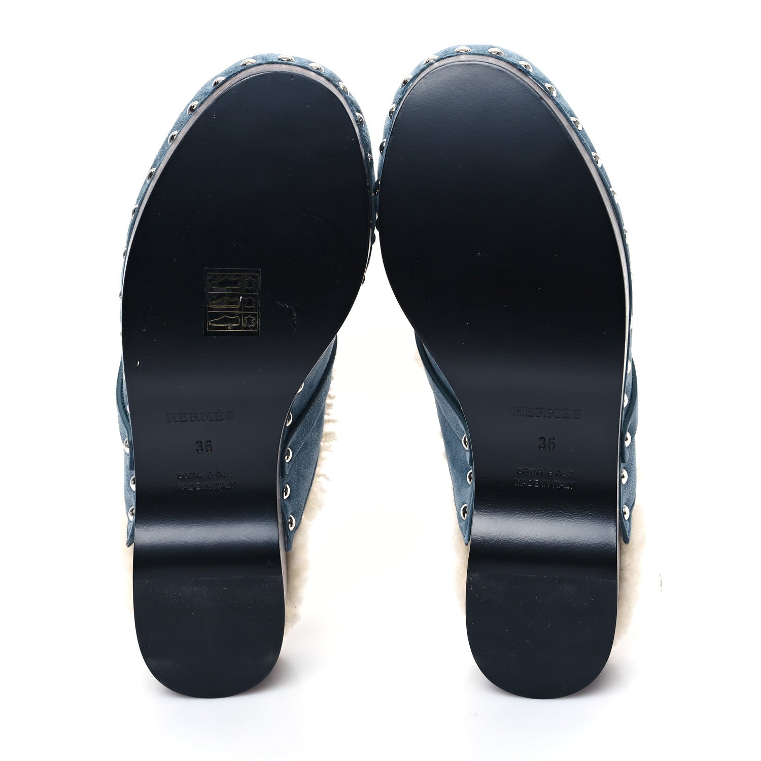 Hermes Suede Goatskin Woolskin Carlotta Mules 36 Bleu Pinede 5 of 8