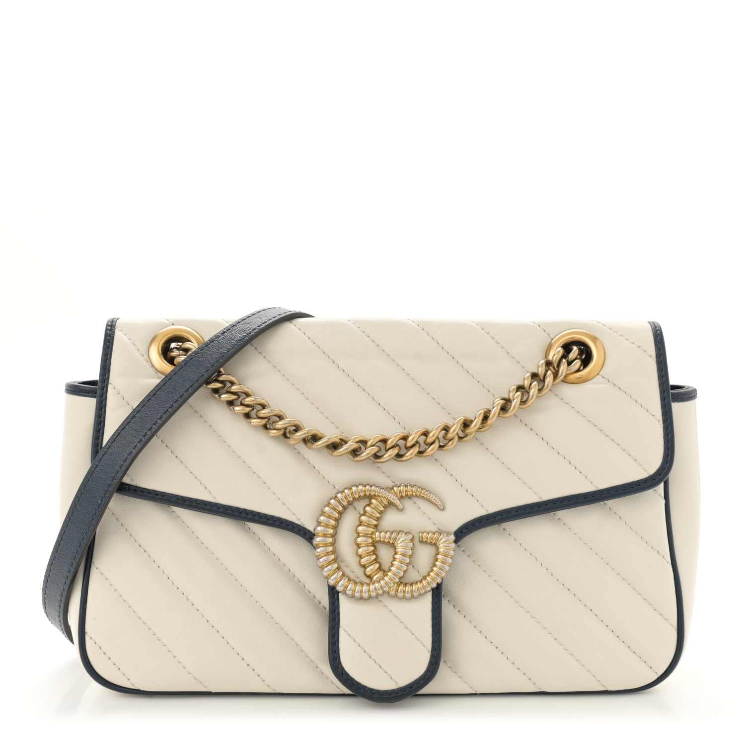 Gucci Vintage Effect Calfskin Matelasse Diagonal Small Torchon GG Marmont Shoulder Bag Mystic White Blue Agata 1 of 13