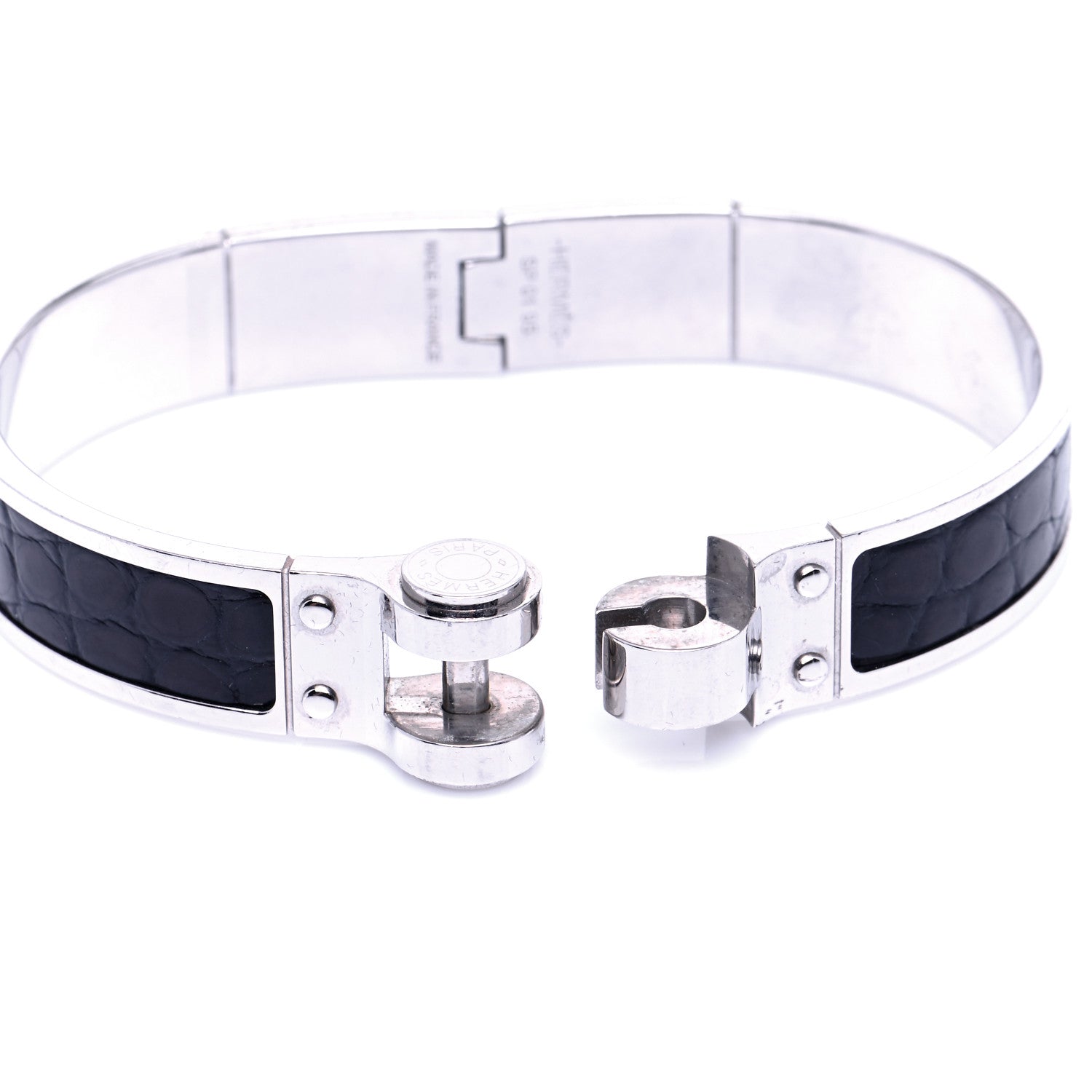 Hermes Crocodile Charniere Cuir Narrow Hinged Bracelet Black 4 of 6