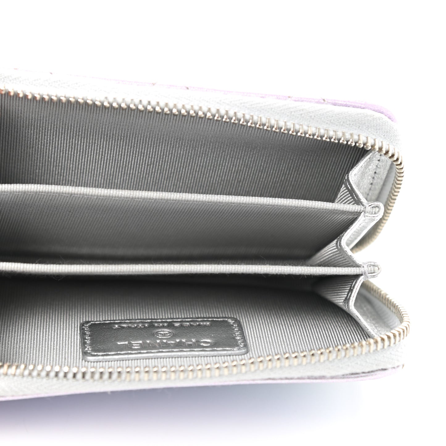 Gradient Metallic Calfskin Quilted Zip Around Coin Purse Wallet Silver Blue Yellow Purple