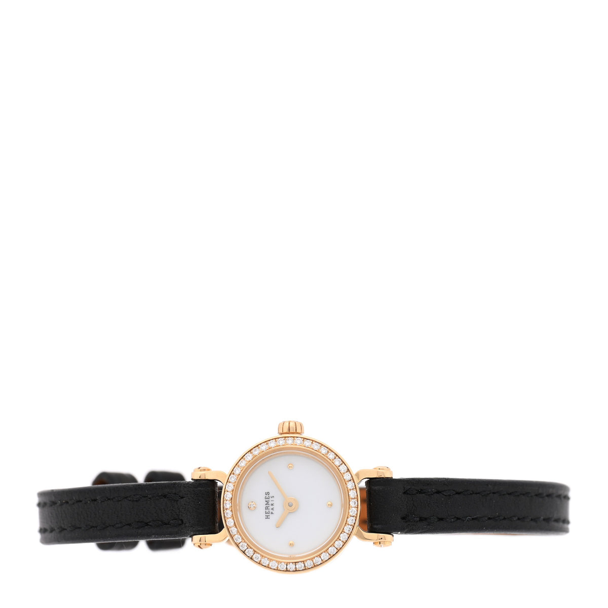 Hermes 18K Yellow Gold Barenia Diamond 16mm Faubourg Quartz Watch Noir 2 of 5