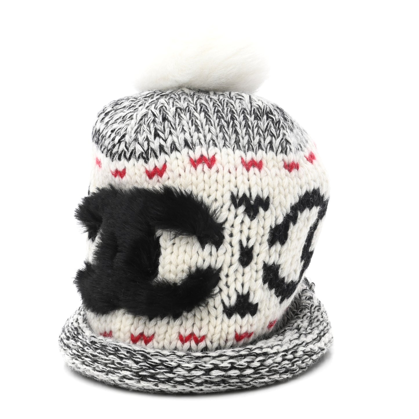 Wool Shearling CC Beanie Hat Ivory Black Red