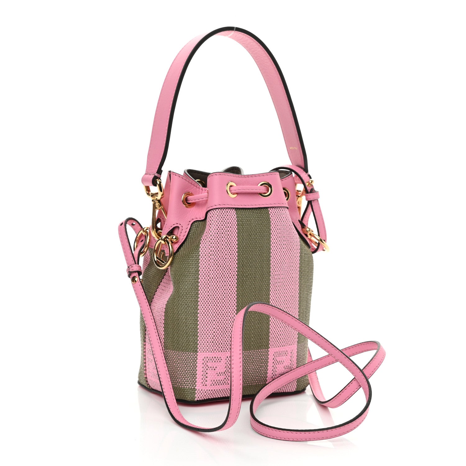 Fendi Raffia Vitello Seta F is Fendi Pequin Gingham Woven Mini Mon Tresor Bucket Bag Military Rosa Lollypop 3 of 10