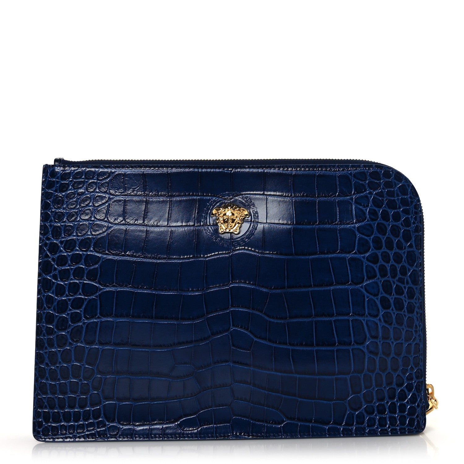 Versace Crocodile Embossed Calfskin Medusa Small Zip Clutch Blue 1 of 8