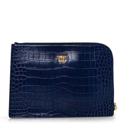 Versace Crocodile Embossed Calfskin Medusa Small Zip Clutch Blue 1 of 8