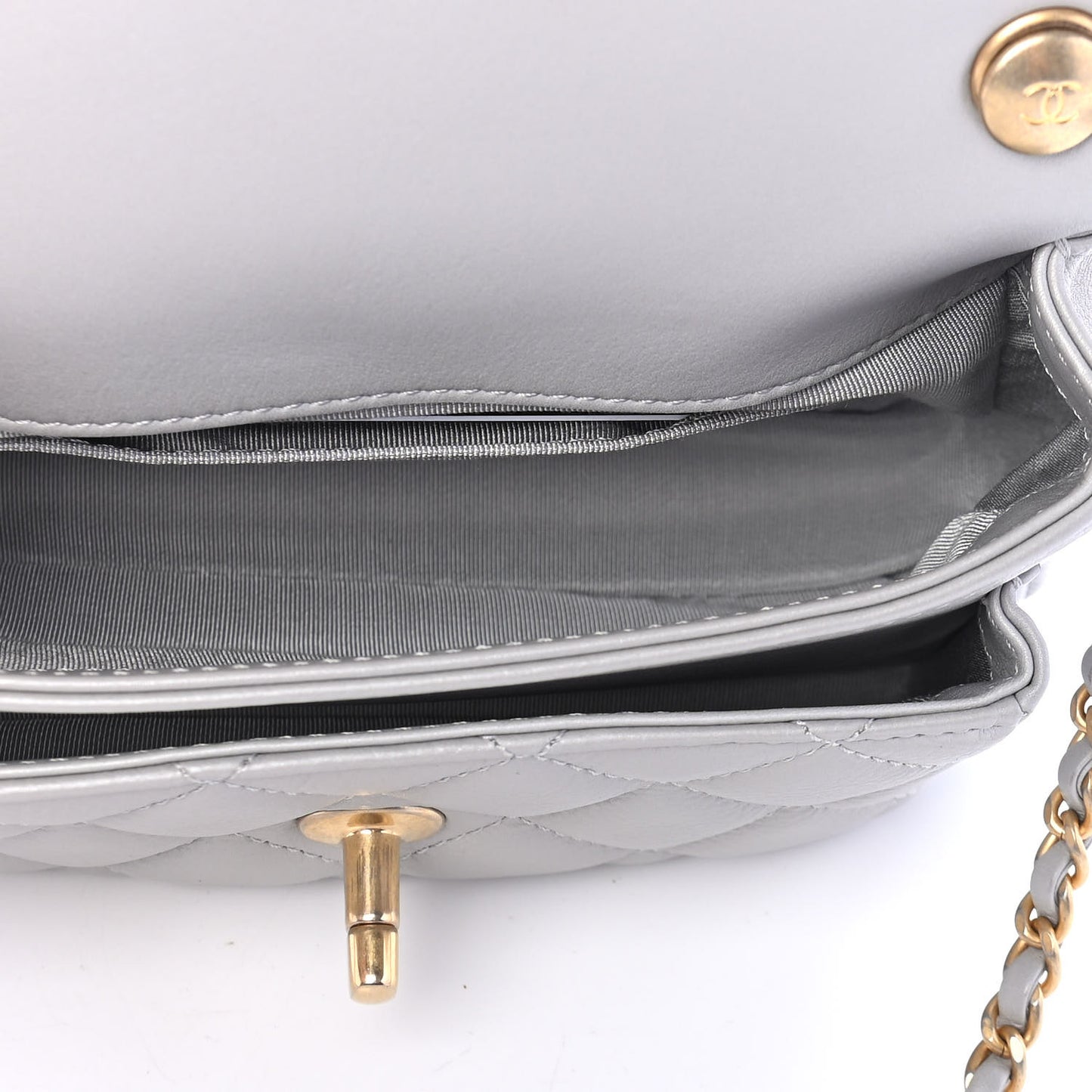 Calfskin Quilted Top Handle Flap Light Grey