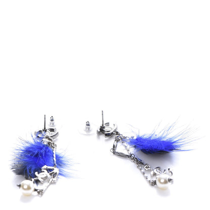 Chanel Crystal Chain Feather CC Drop Earrings Blue Brown 3 of 4