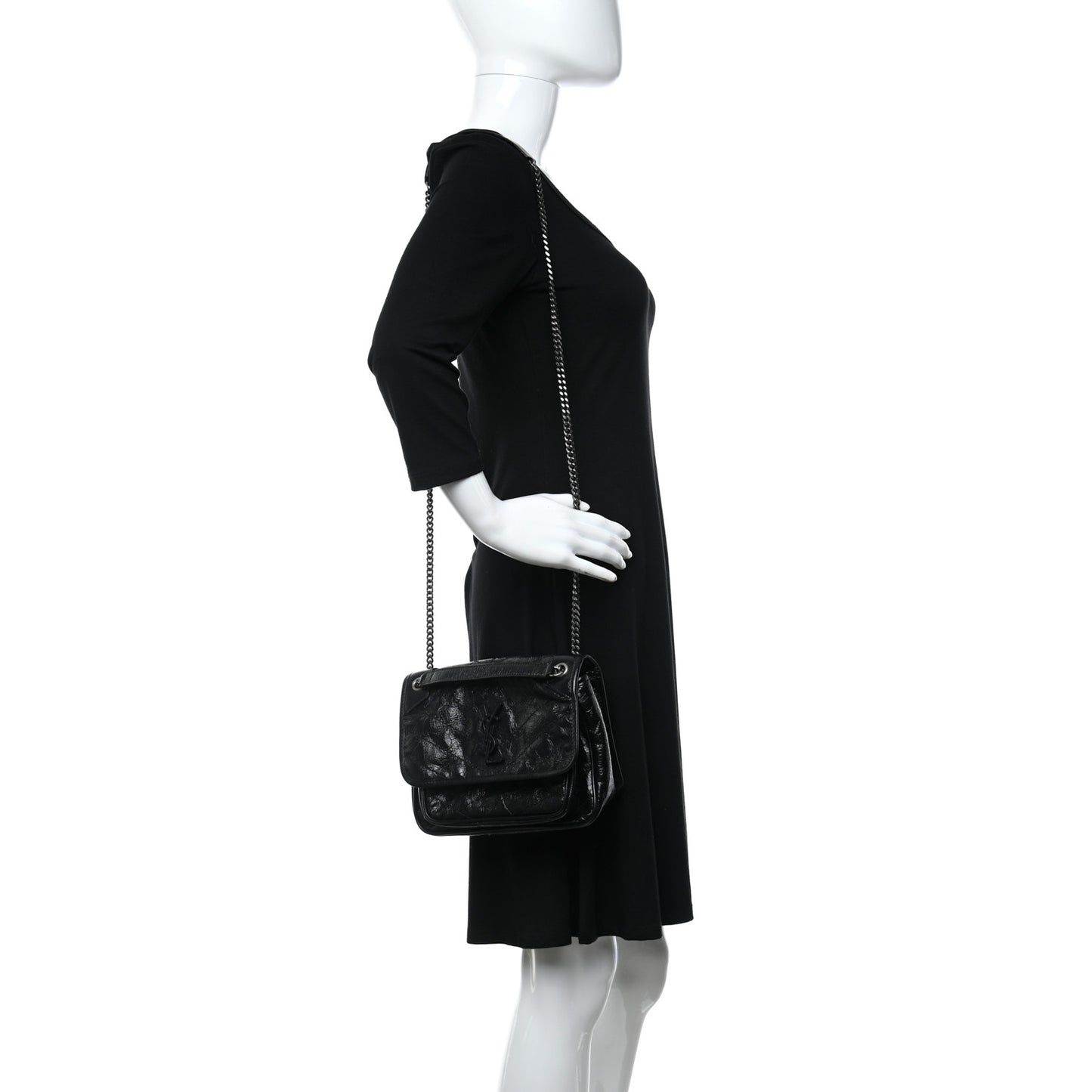 Crinkled Calfskin Matelasse Monogram Baby Niki Chain Satchel Black