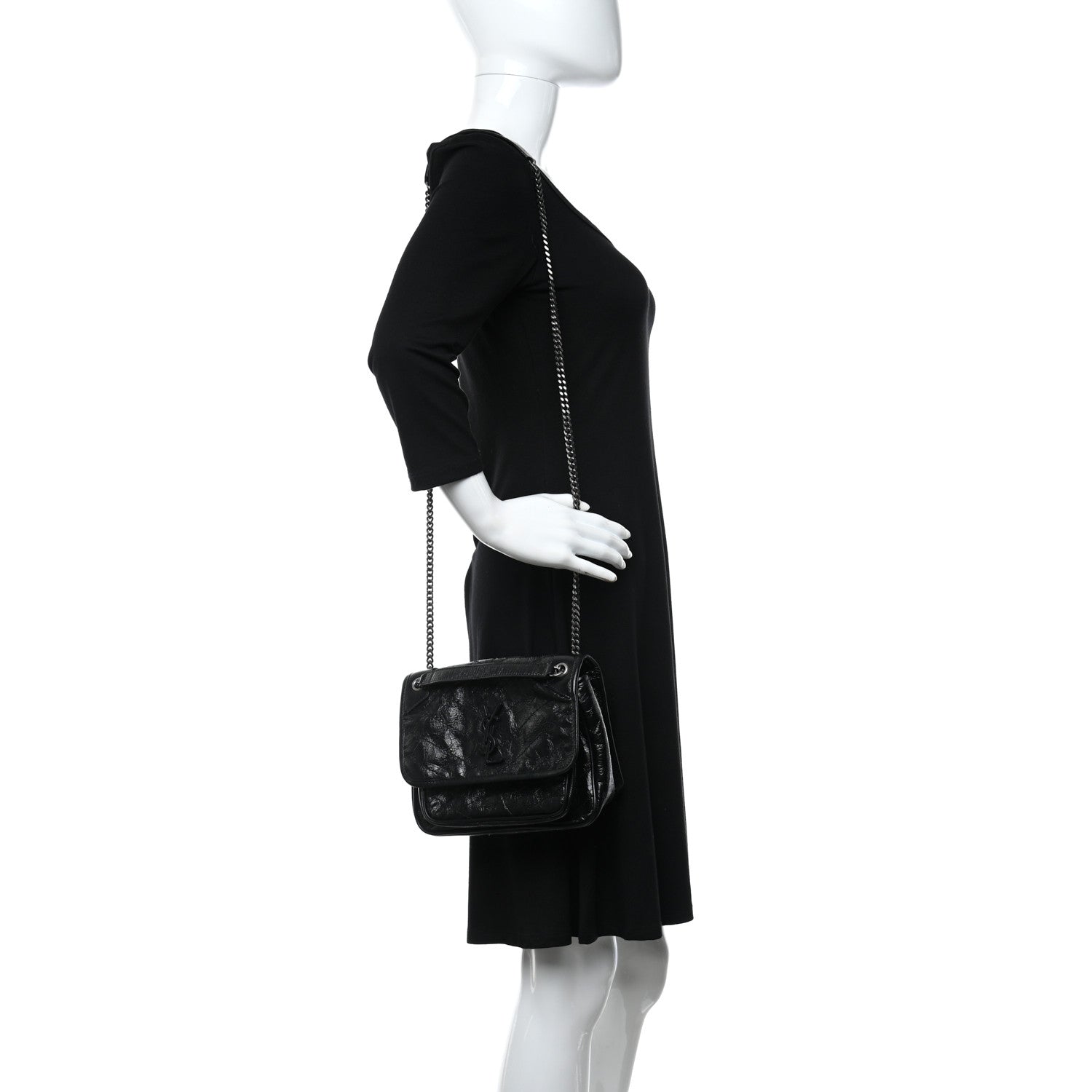 Saint Laurent Crinkled Calfskin Matelasse Monogram Baby Niki Chain Satchel Black 2 of 8