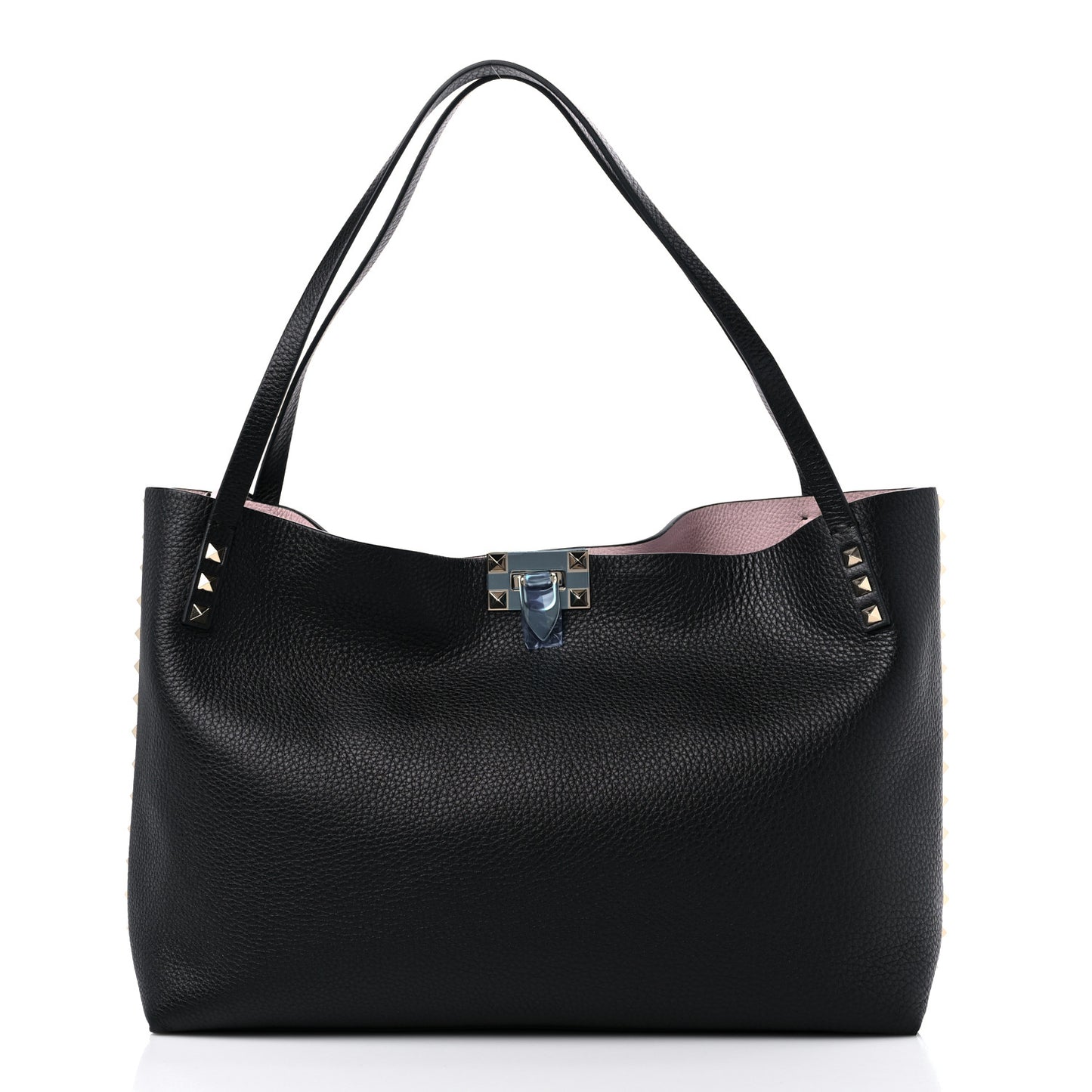 Grainy Calfskin Medium Rockstud Tote Black Rose Quartz