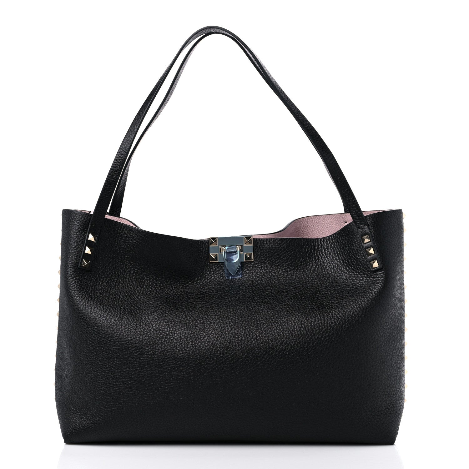Valentino Garavani Grainy Calfskin Medium Rockstud Tote Black Rose Quartz 3 of 8