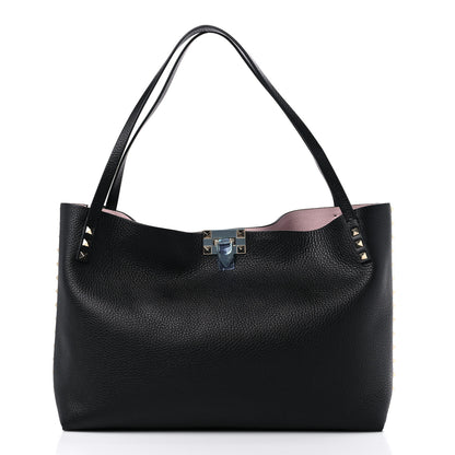 Valentino Garavani Grainy Calfskin Medium Rockstud Tote Black Rose Quartz 3 of 8
