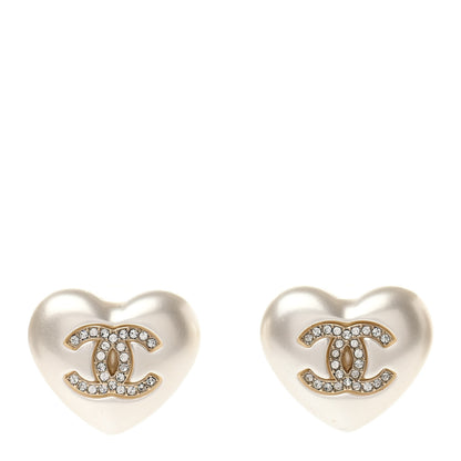 Chanel Pearl Crystal CC Heart Earrings Gold 1 of 4