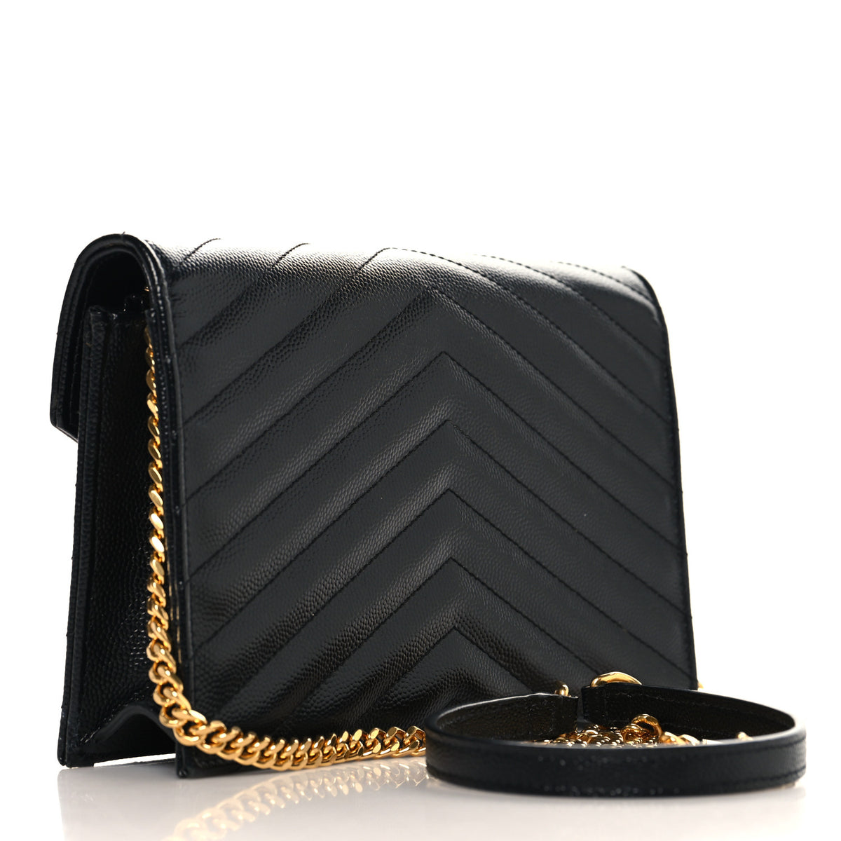 Saint Laurent Grain De Poudre Matelasse Chevron Monogram Envelope Chain Wallet Black 3 of 11