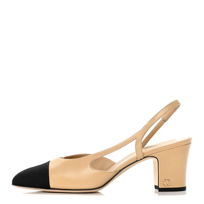 Chanel Goatskin Grosgrain Cap Toe CC Slingback Pumps 37.5 Beige Black 1 of 10