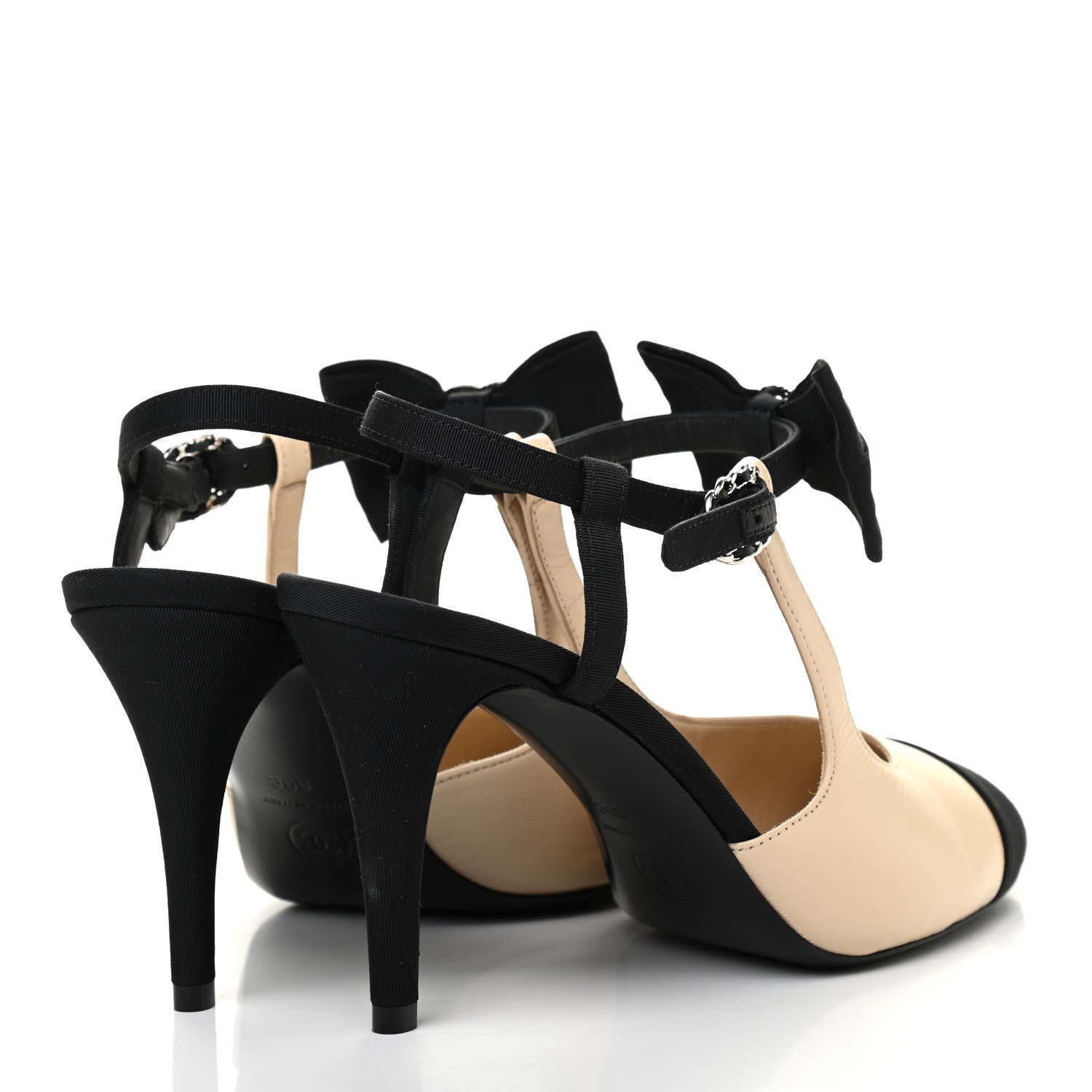 Chanel Lambskin Cap Toe Bow Slingback Pumps 39 Beige Black 4 of 8