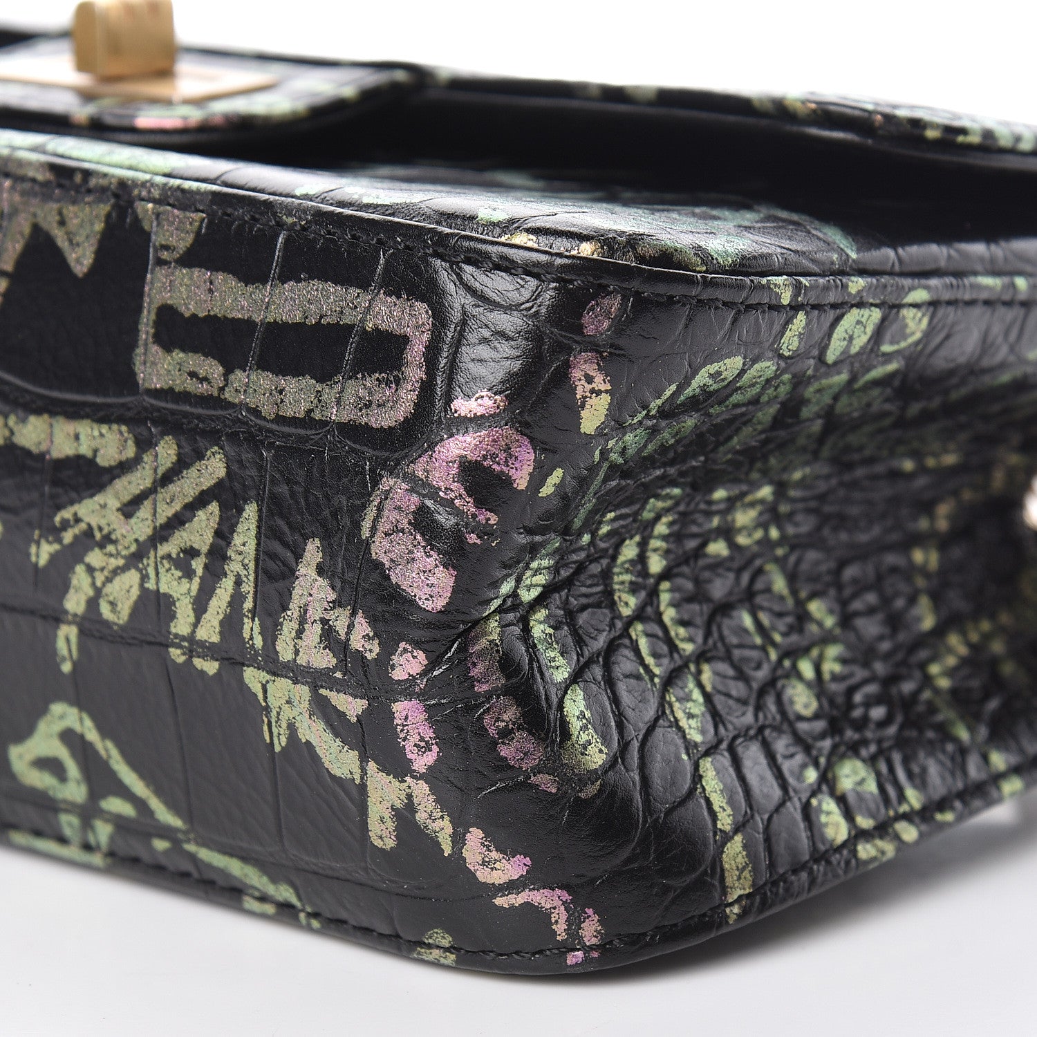 Chanel Calfskin Crocodile Embossed Graffiti 2.55 Mini Cocodile Reissue Flap Black Pink 10 of 11