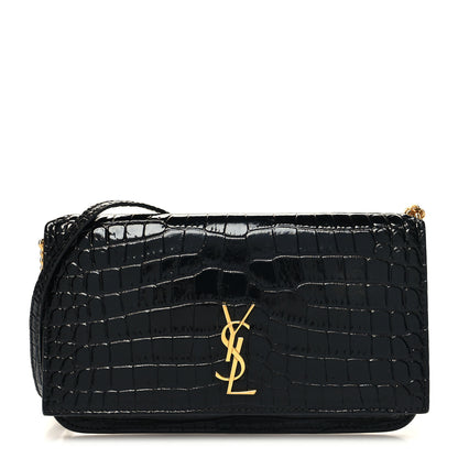 Saint Laurent Crocodile Embossed Monogram Phone Holder Crossbody Black 1 of 10