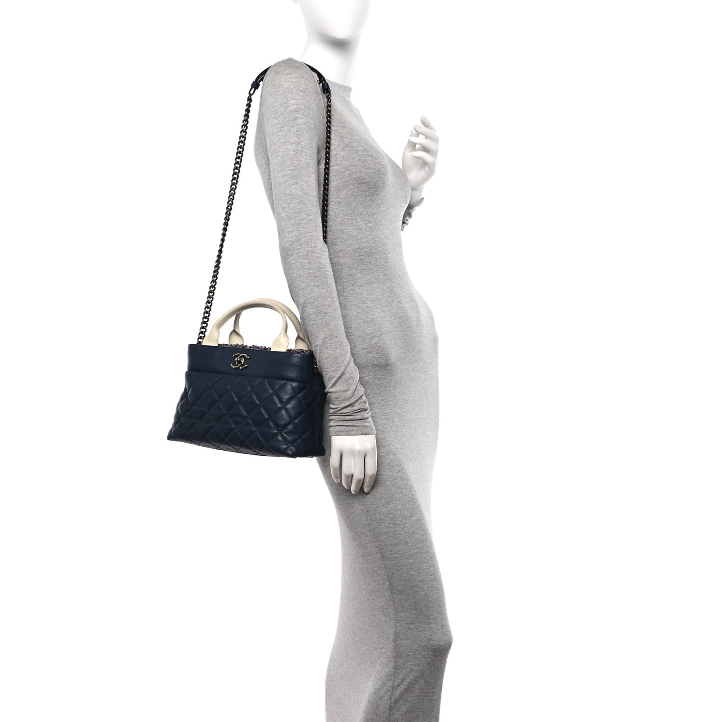 Calfskin Tweed Quilted Small Tote Navy Multicolor