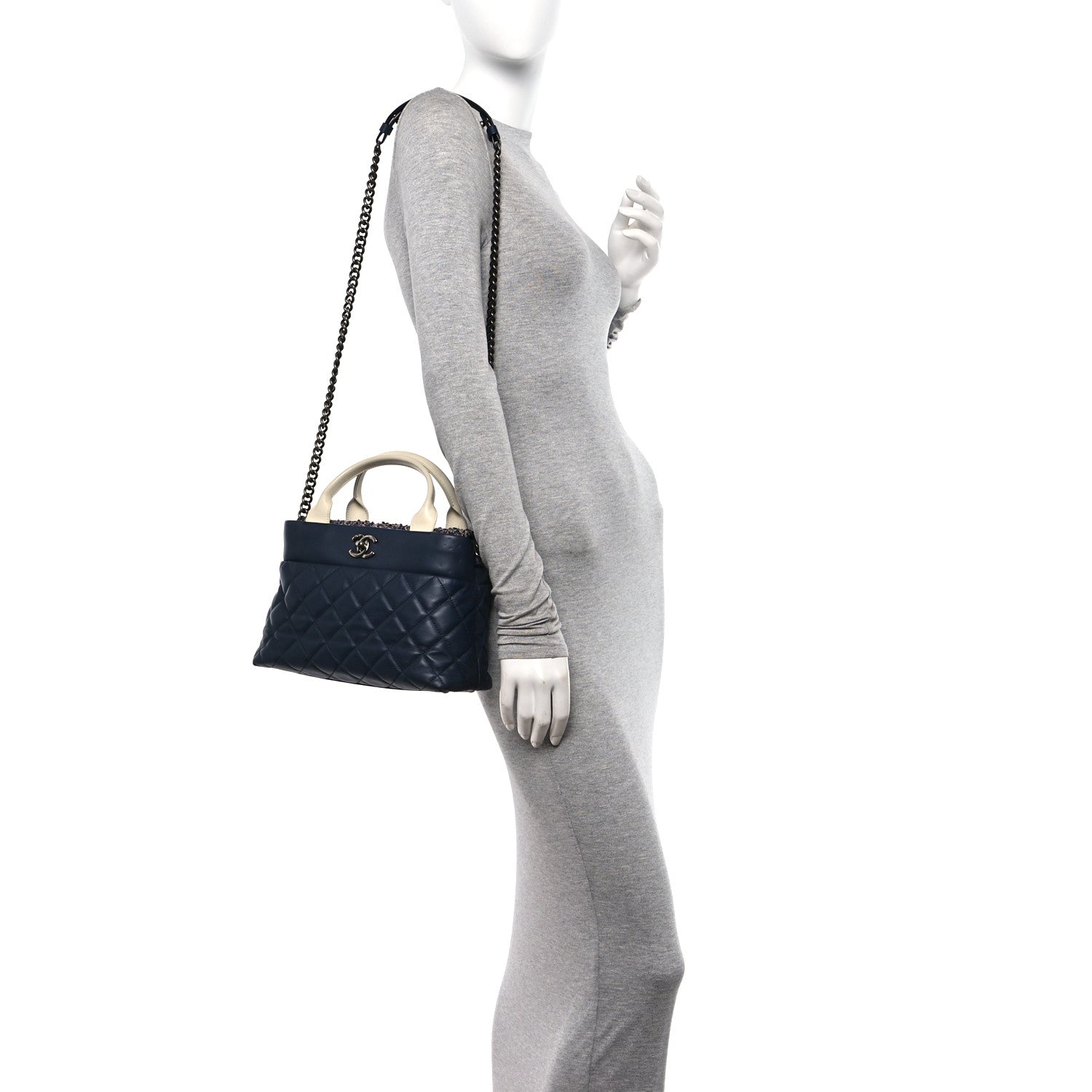 Chanel Calfskin Tweed Quilted Small Tote Navy Multicolor 2 of 12