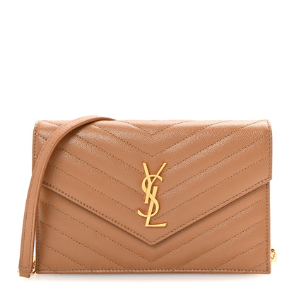Saint Laurent Grain De Poudre Matelasse Chevron Monogram Envelope Chain Wallet Natural Dark 1 of 9