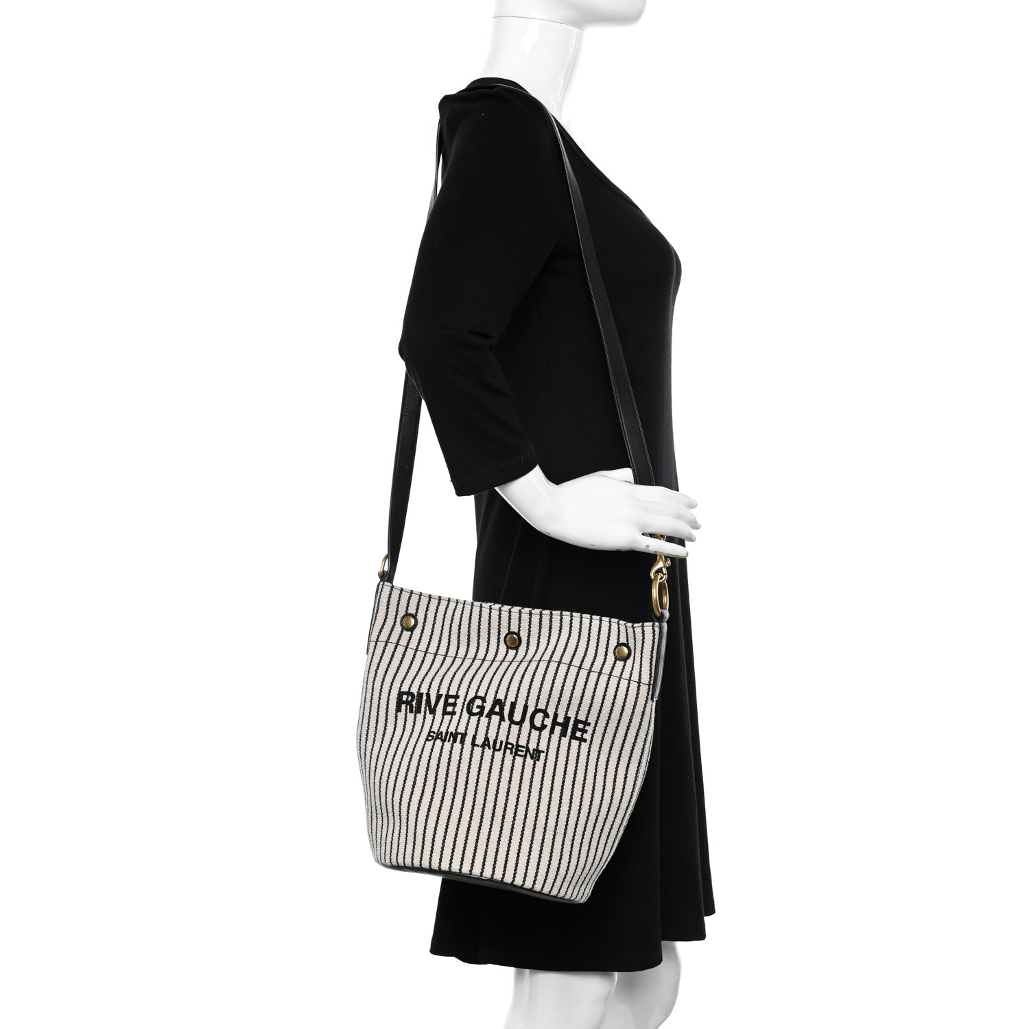 Saint Laurent Linen Calfskin Striped Rive Gauche Bucket Bag Grey Cream Black 2 of 10