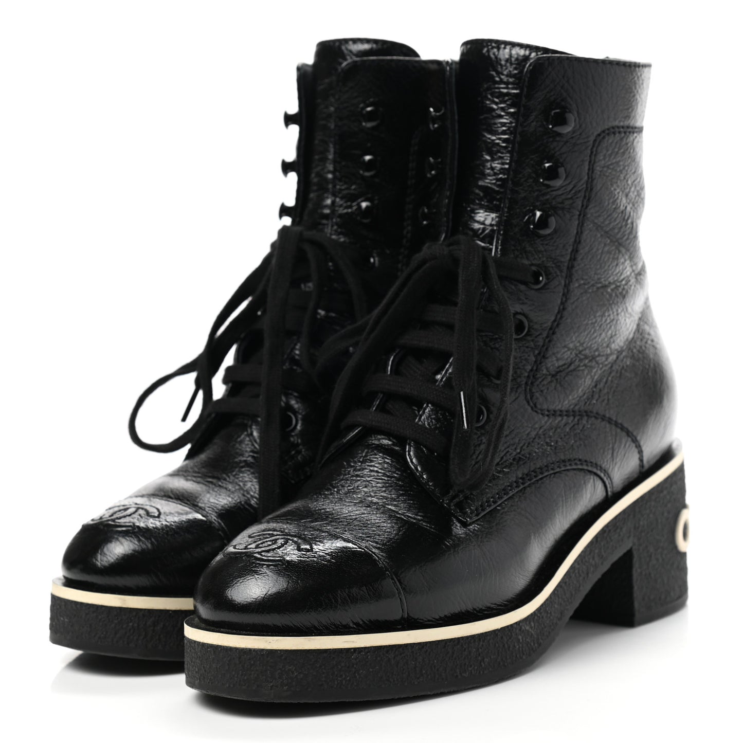 Shiny Crumpled Lambskin Lace Up Combat Boots 35 Black