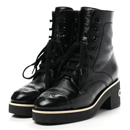 Chanel Shiny Crumpled Lambskin Lace Up Combat Boots 35 Black 3 of 8