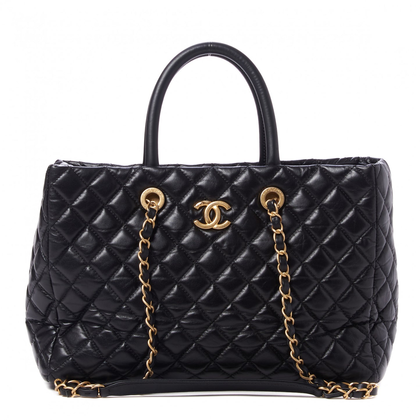 Aged Calfskin Quilted Coco Handle Shopping Tote Black