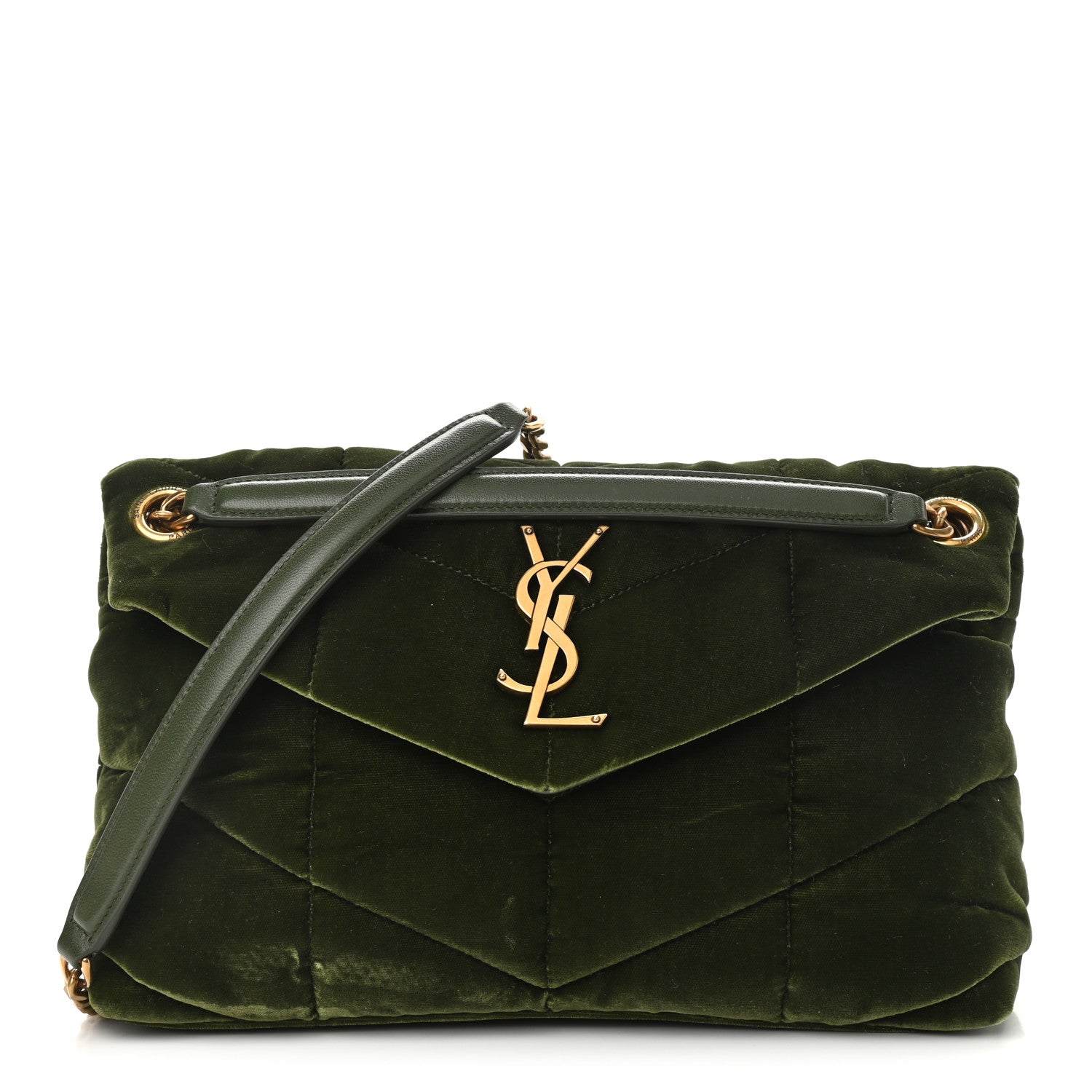 Saint Laurent Velvet Quilted Small Loulou Puffer Monogram Chain Satchel Kaki Musk 1 of 10